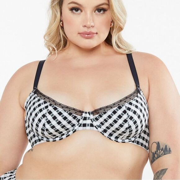 Savage X Fenty Gingham Remix Unlined Plunge Bra Logo Check Print 40D NWT in pkg - Picture 3 of 7